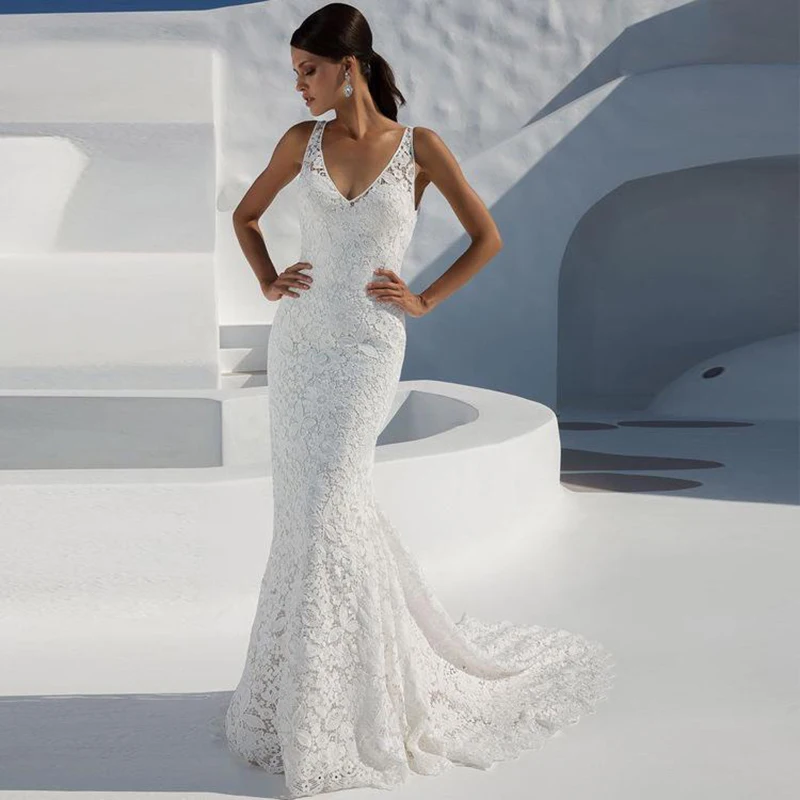 ADLN дешевые кружевные свадебные платья русалки Vestido De Novia v-образным вырезом без