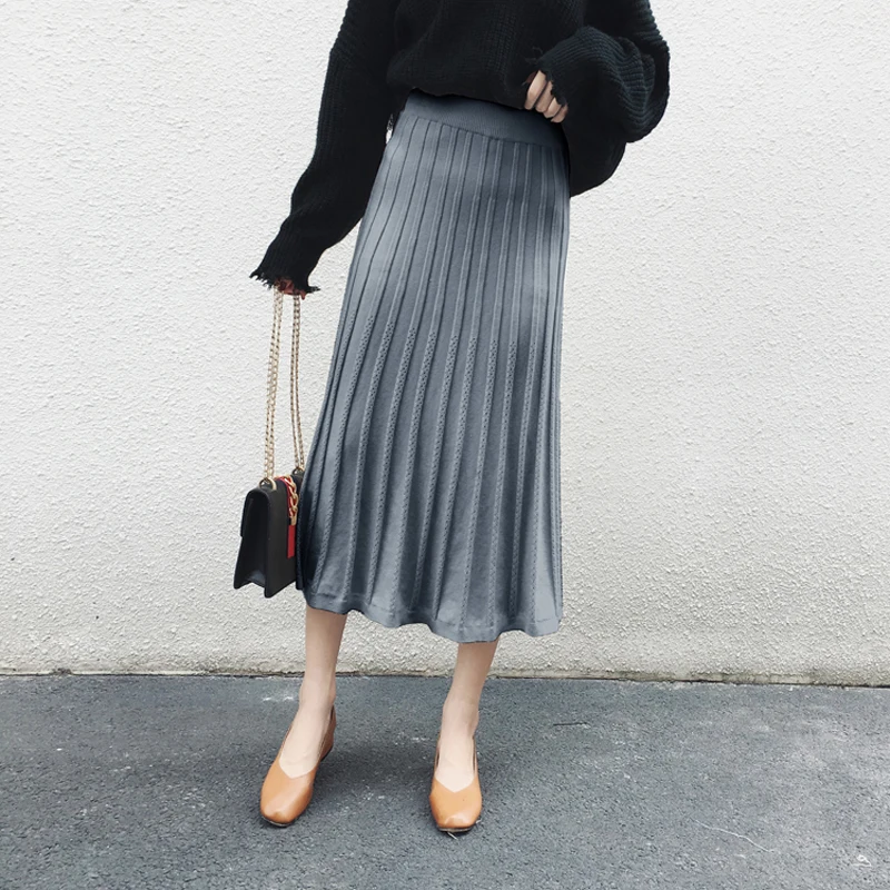 Осенняя полосатая плиссированная Женская трикотажная миди юбка Повседневный