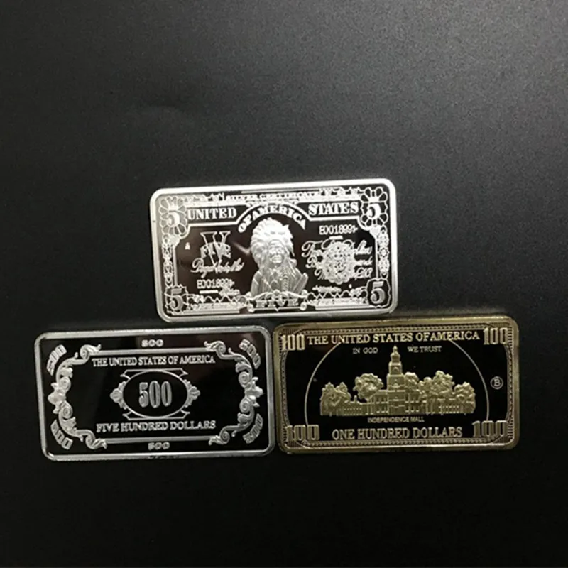 3 pcs The USD 5 100 500 United States dollars ingot 24k real gold silver plated 50 mm x 28 souvenir decoration bullion bar |