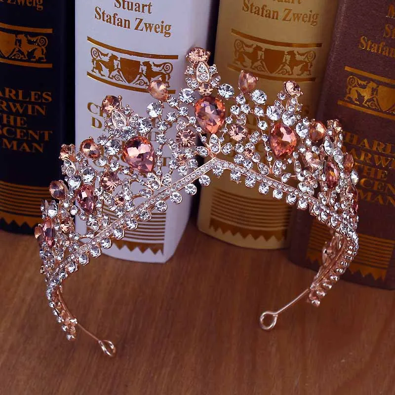 rose gold diadem Розовое золото, украшения для волос, розовый кристалл, свадебная богиня, корона, жемчуг, цветок, стразы, свадебная тиара, повязка на голову для женщин, свадебное торжество - Окраска металла: rose gold diadem