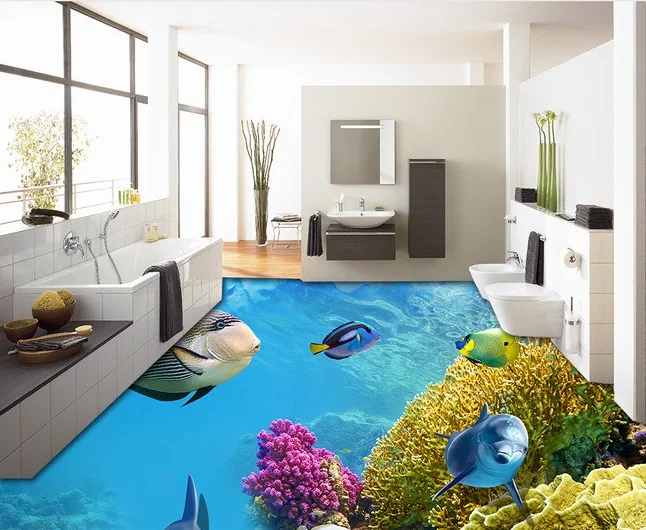 

3 d pvc flooring custom wall sticker Underwater world coral fishes 3 d bathroom flooring painting photo wallpaper for walls 3d