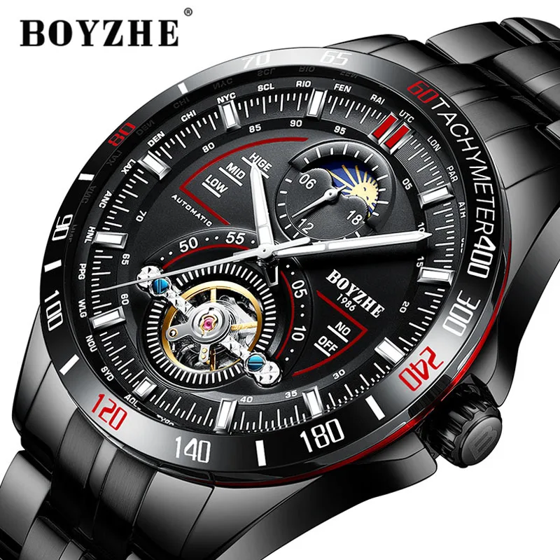 

Men Automatic Mechanical Watch Fashion Top Brand Sport Tourbillon Watches Stainless Steel Moon Phase Watch relogio masculino