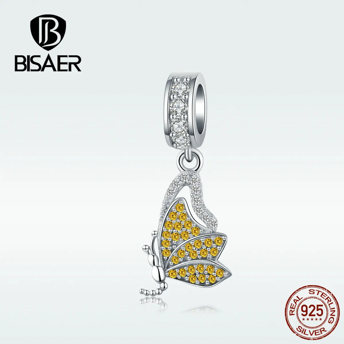 BISAER подвески-бабочки, 925 пробы, серебро, желтый циркон, Бабочка, насекомое, подвески, бусины, подходят для браслетов, серебро 925, ювелирные изделия EFC077