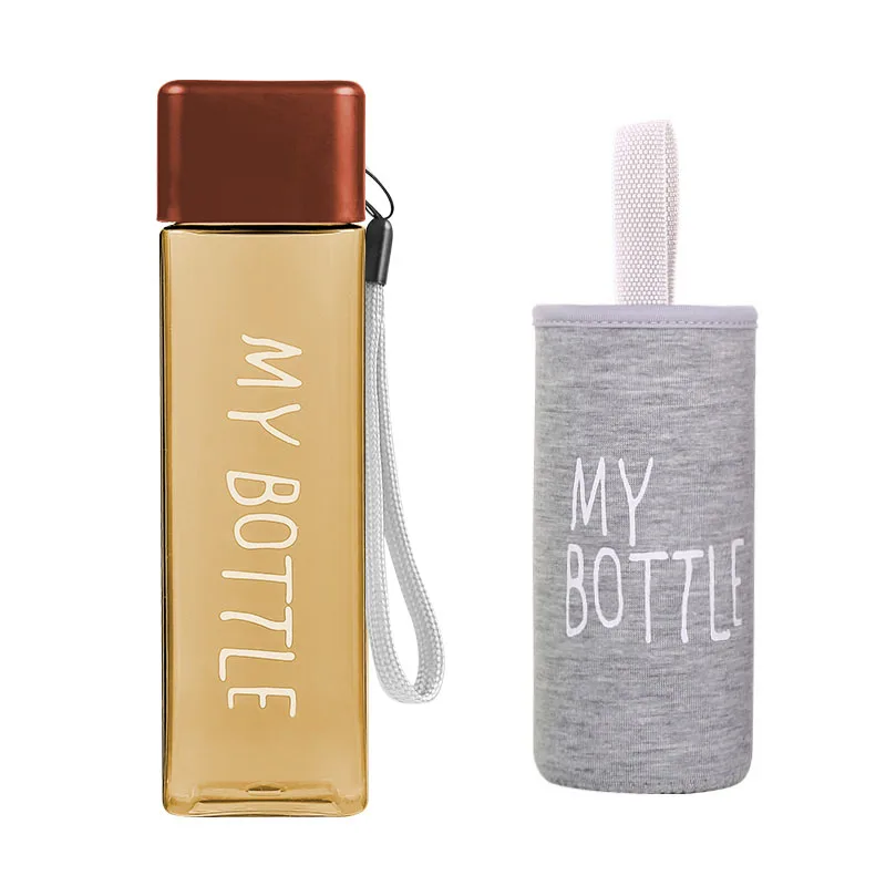 Квадратная пластиковая бутылка My bottle 500 мл для бутылок с водой для питья с веревкой, прозрачная или матовая Спортивная, корейский стиль, термостойкая - Цвет: brown and sleeve