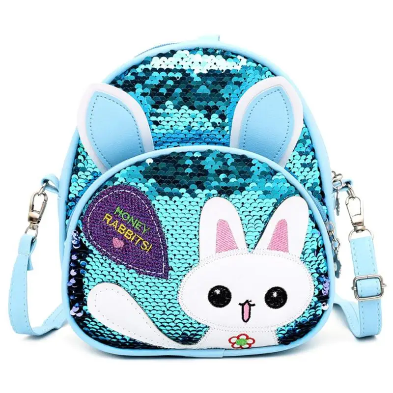 New Fashion High Quality Children Girls Babbit Bag Leather+ Sequins School Bookbag Travel Backpack Rucksack Zipper - Цвет: Синий