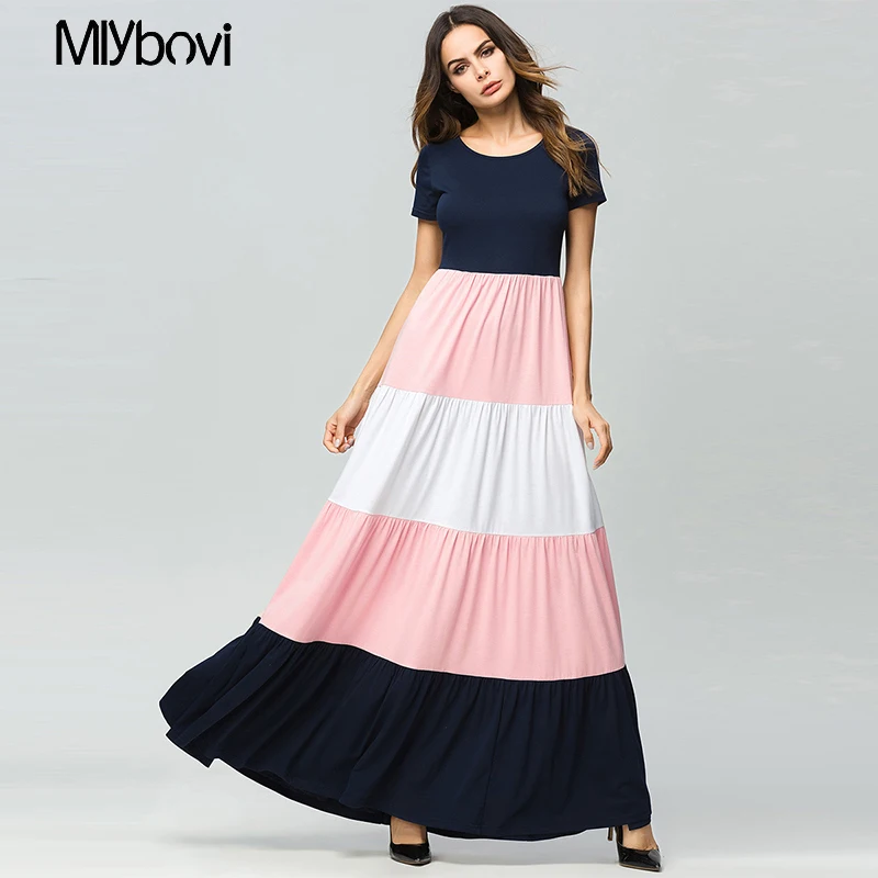 Лоскутные stripes Розовый Макси платья Женский Весна 2018 с коротким рукавом мода