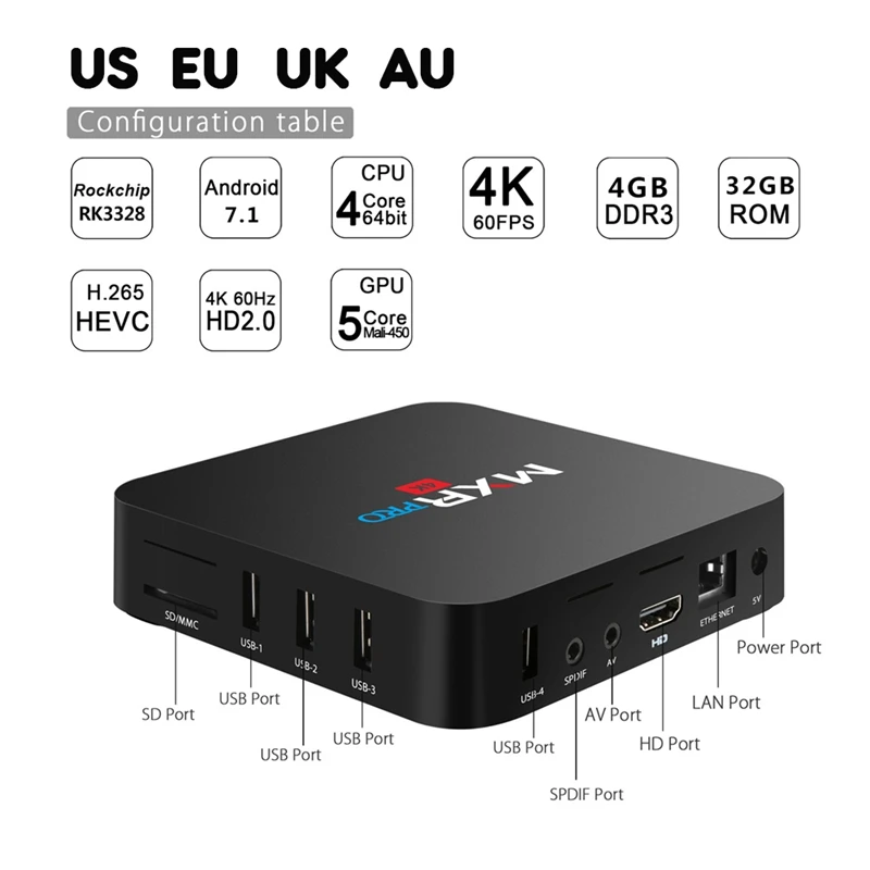 4 ГБ ОЗУ 32 Гб ПЗУ Max Mxr Pro Android 7 1 Смарт ТВ приставка Rk3328 четырехъядерный 2 ГГц Wifi Vp9 H.265