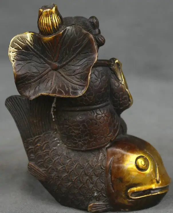 zhmui88002841329++5" Marked Old Chinese Bronze Gilt Feng Shui Boy Lad Kid Ride Fish Wealth Statue | Дом и сад