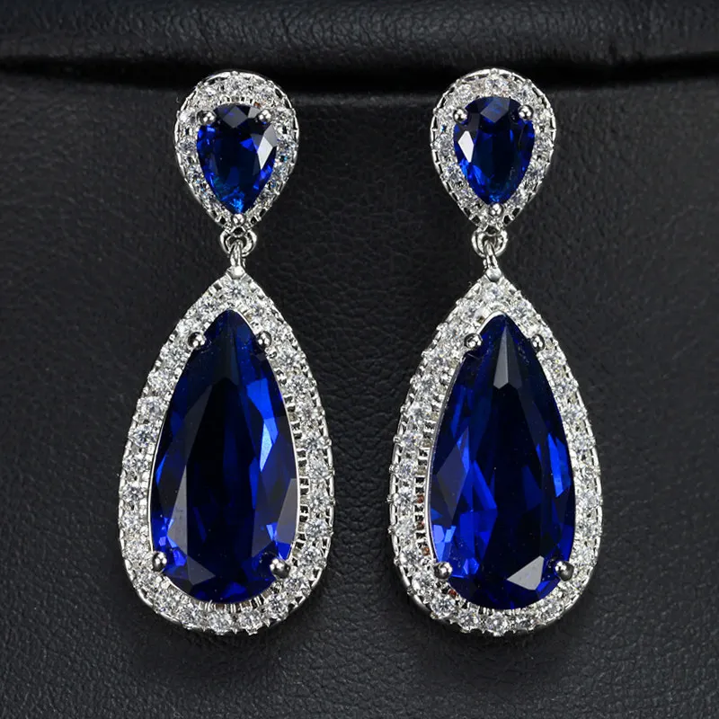 blue CWWZircons 7 цветов Классический дизайн капли воды серебряный цвет шампанского золото кристалл Женские Висячие серьги с камнями CZ CZ078 - Окраска металла: blue
