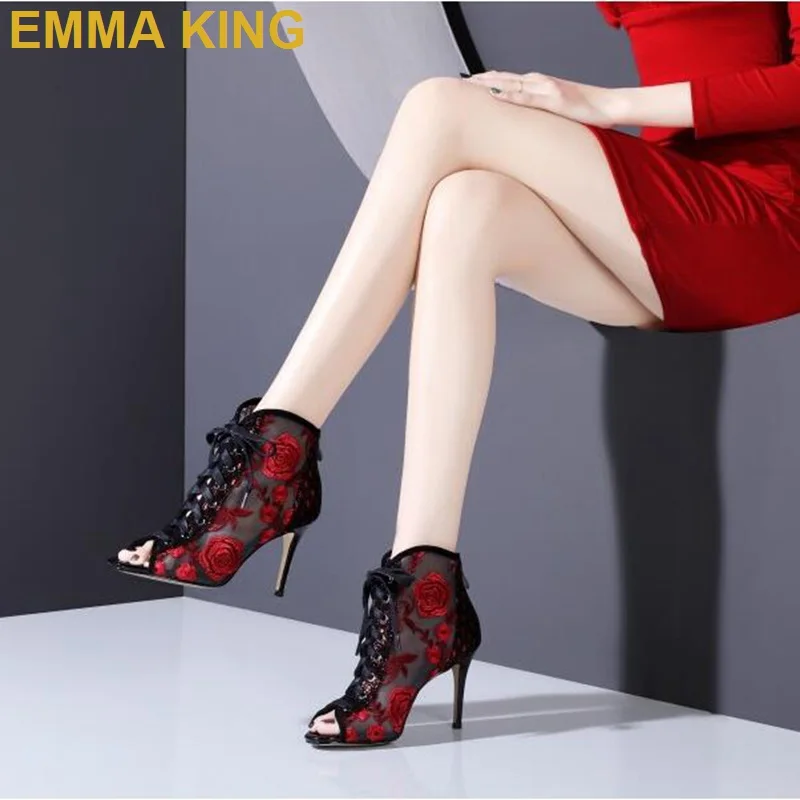 Туфли лодочки женские с цветочным кружевом высокий каблук пикантные ботильоны