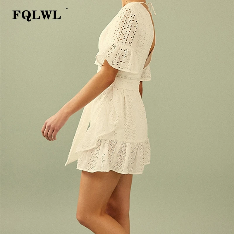 Женское летнее платье с оборками FQLWL белое Бандажное из хлопка коротким рукавом и