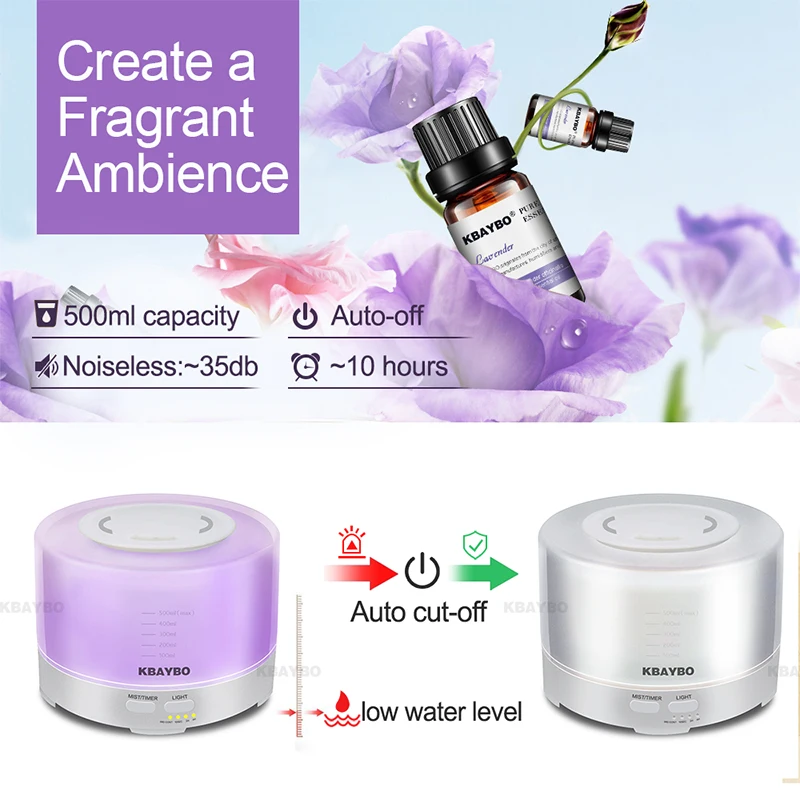 KBAYBO 500ml Ultrasonic Air Humidifier Essential Oil Diffuser with remote control humidify Aromatherapy mist maker for home | Бытовая