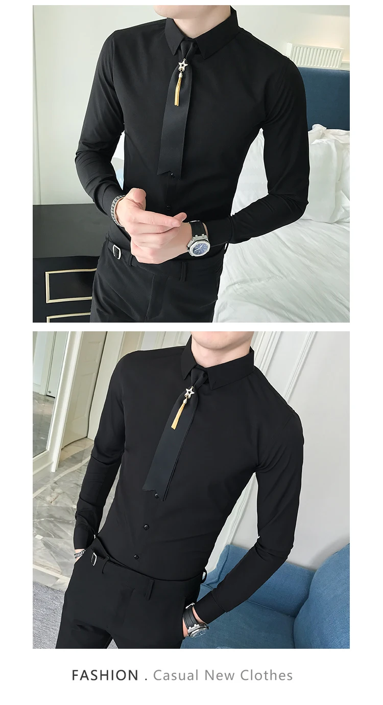 Одежда высшего качества парикмахер рубашка Для мужчин Осень Slim Fit рубашки для Для мужчин одежда с длинным рукавом сплошной Универсальные мужские рубашки