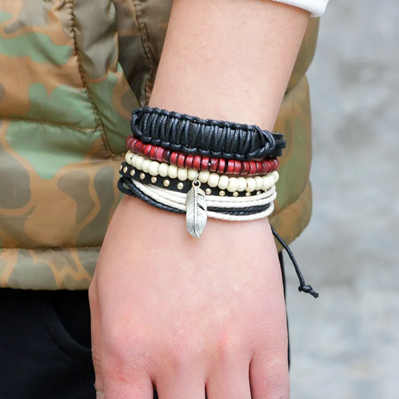 2017 хип хоп панк ручная работа 4 шт./компл. браслет сплав перо многослойное