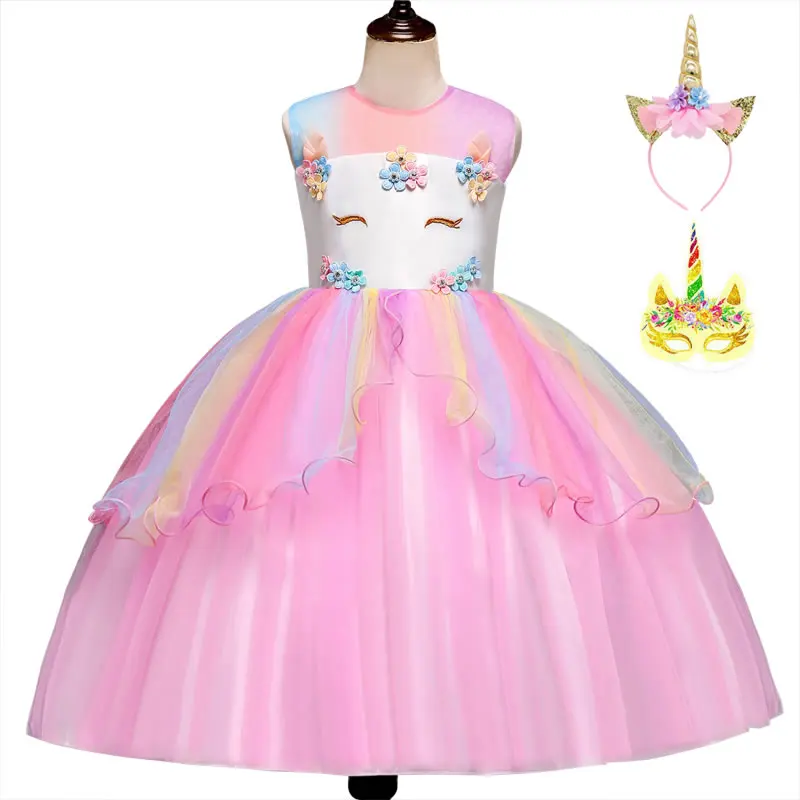 Pink Dress 3pc Костюм единорога для маленькой девочки кружевное платье-пачка Маскировка малыш Лук выпускного вечера вечерние невесты платье ребенок церемонии Косплэй Радуга - Цвет: Pink Dress 3pc