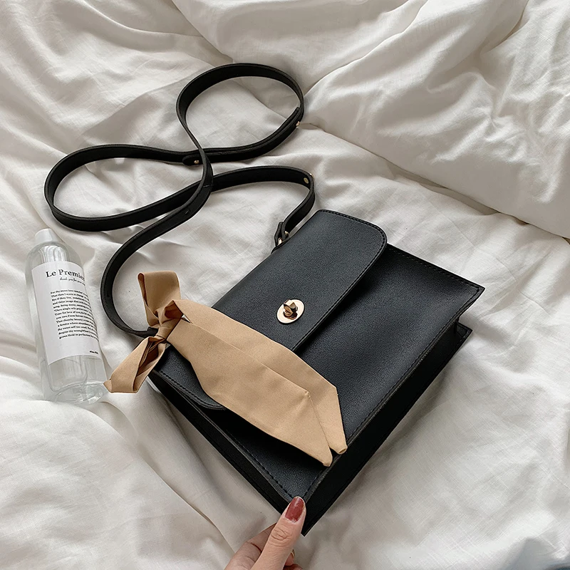 Black Elegant Female Ribbon Bow Flap Square bag New Quality PU Leather Women's Designer Handbag Travel Shoulder Messenger Bag - Color: Black