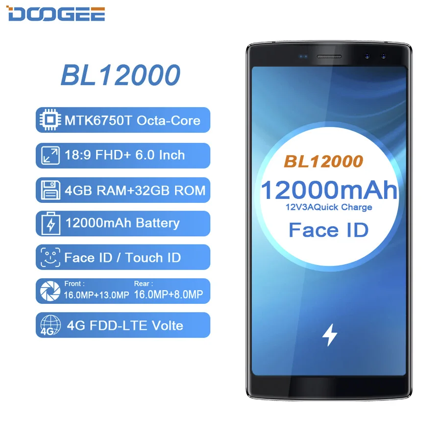 DOOGEE BL12000 Android 7 0 12000 мАч Быстрая зарядка 6 18:9 FHD + Восьмиядерный процессор MTK6750T 4 Гб RAM