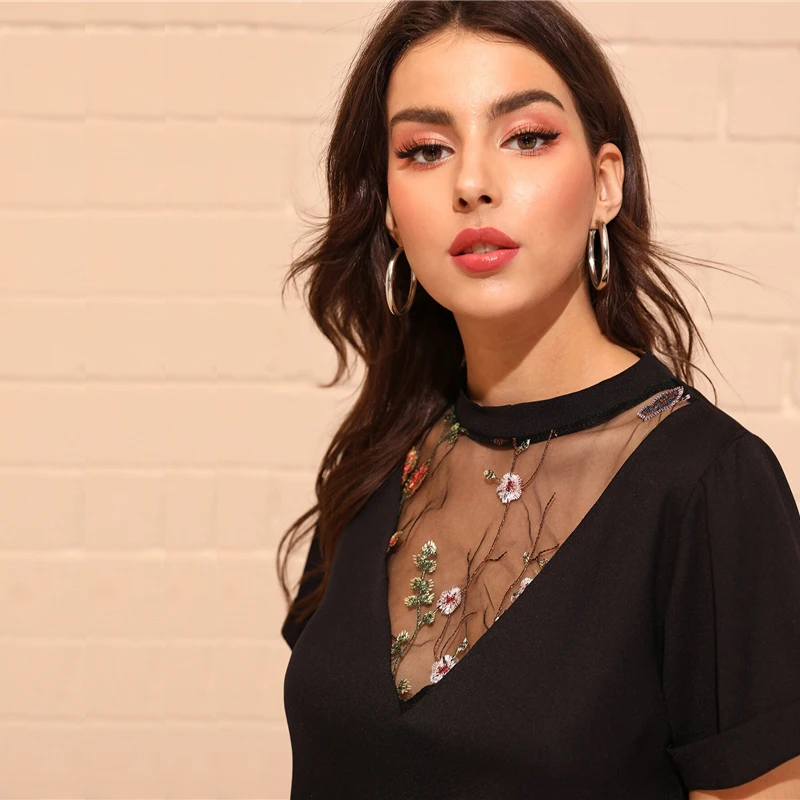 Sheinside черная контрастная вышитая сетчатая Лоскутная Блузка женская летняя блузка с коротким рукавом женская повседневная минималистичный Топ