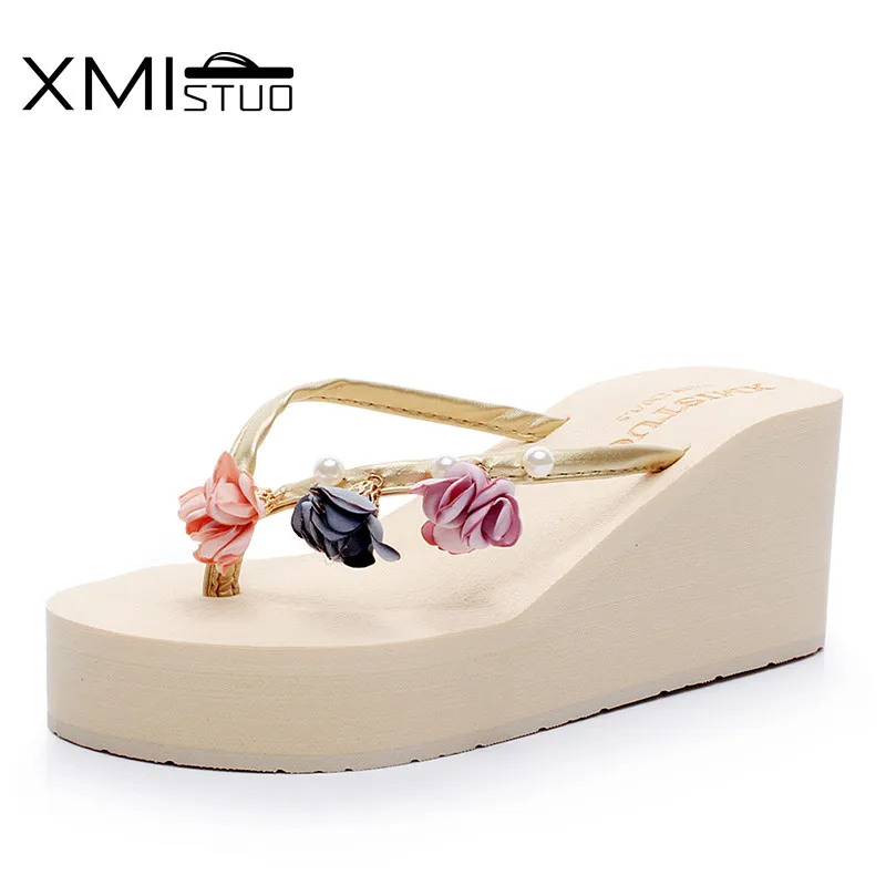 Модные женские шлепанцы XMISTUO летние пляжные Шлёпанцы на танкетке