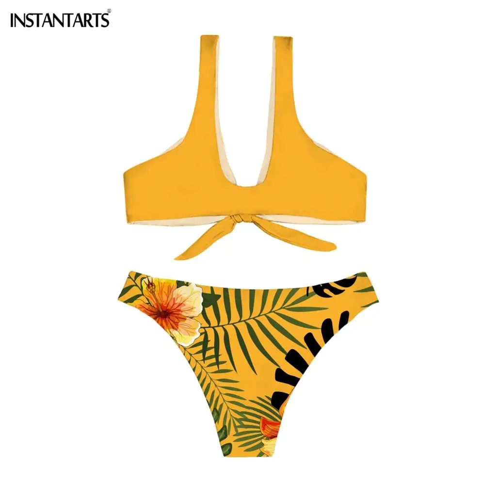 INSTANTARTS Brazilian Woman Summer Sexy Two Piece Swimsuits Bow Tie Backless Tropical Floral Leaf Print Bikini Set Bathing Suits | Женская