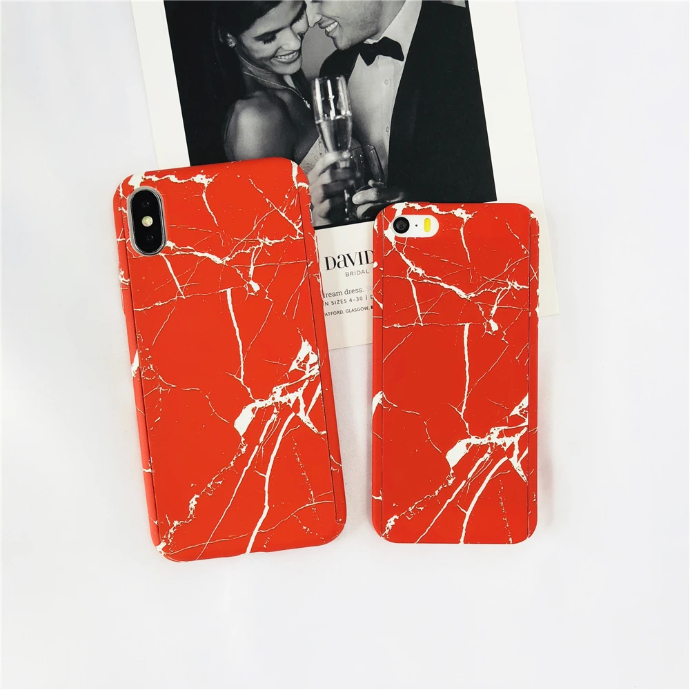 Fashion Red Marble Texture Cases For IPhone 6 6S 7 8 Plus 5 SE X Black 360 Degree Stone Full Protective Hard Capa |
