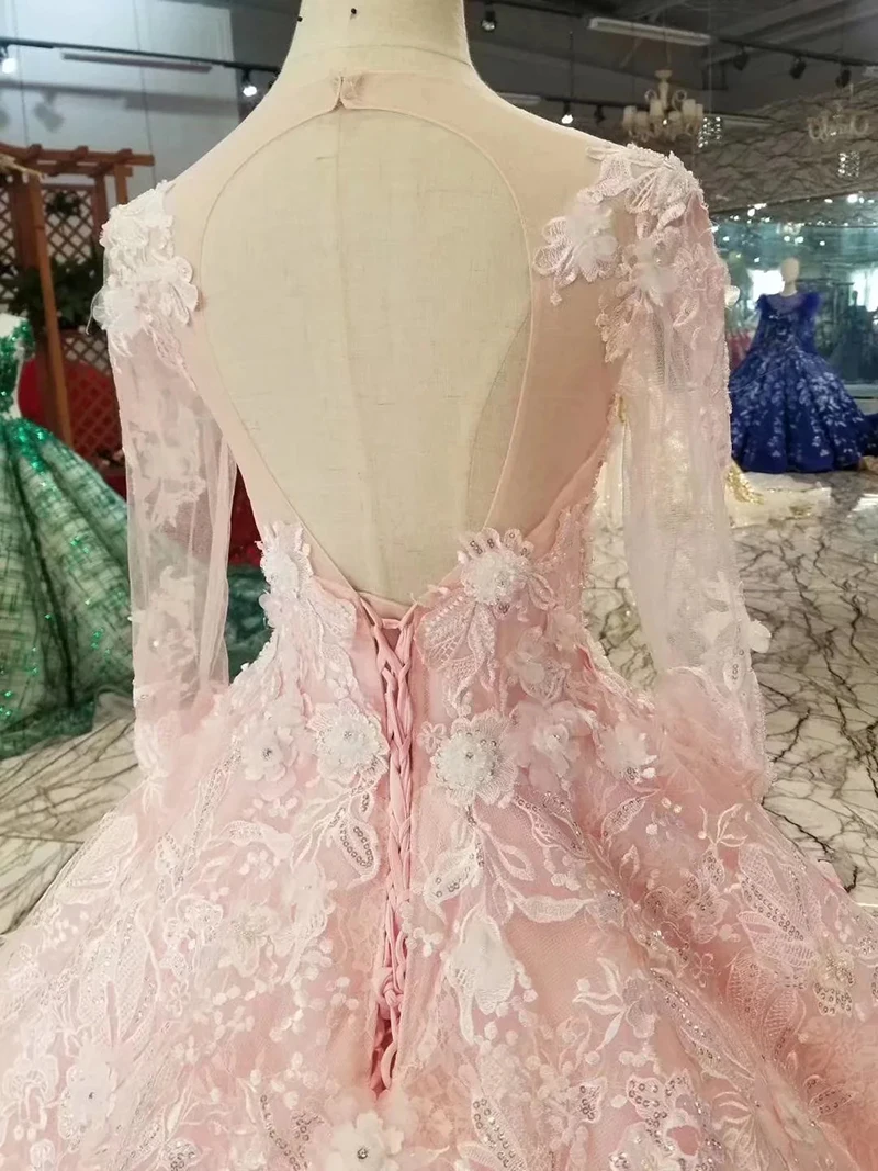 Розовое Пышное Платье для девочек LSS475 с круглым вырезом и длинными рукавами из