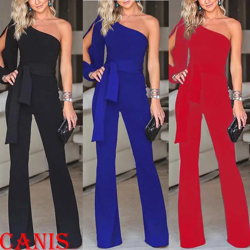 Meihuida 2019 Fashion Office Lady Jumpsuit Ladies One Shoulder Long Sleeve Black Trousers Pants Women's Bandage Romper | Женская