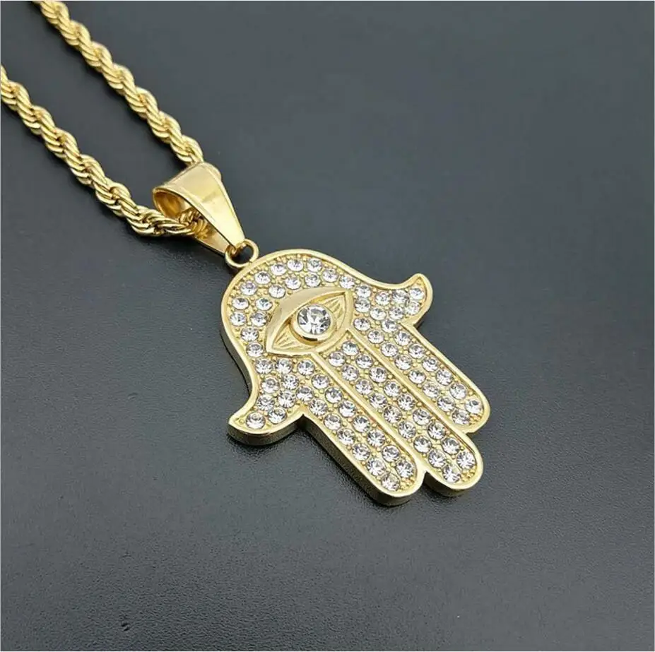 Gold-color Мужские подвески в стиле хип-хоп, рука Хамса, ожерелья с кулоном, 60 см, длинная цепочка, модное винтажное ожерелье Пальма Фатимы, унисекс, хип-хоп ювелирные изделия, подарки - Metal Color: Gold-color