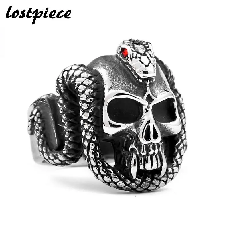 Lostpiece 2018 Новый Мода черный серебристый цвет Цвет Нержавеющая сталь змея Skull Ring