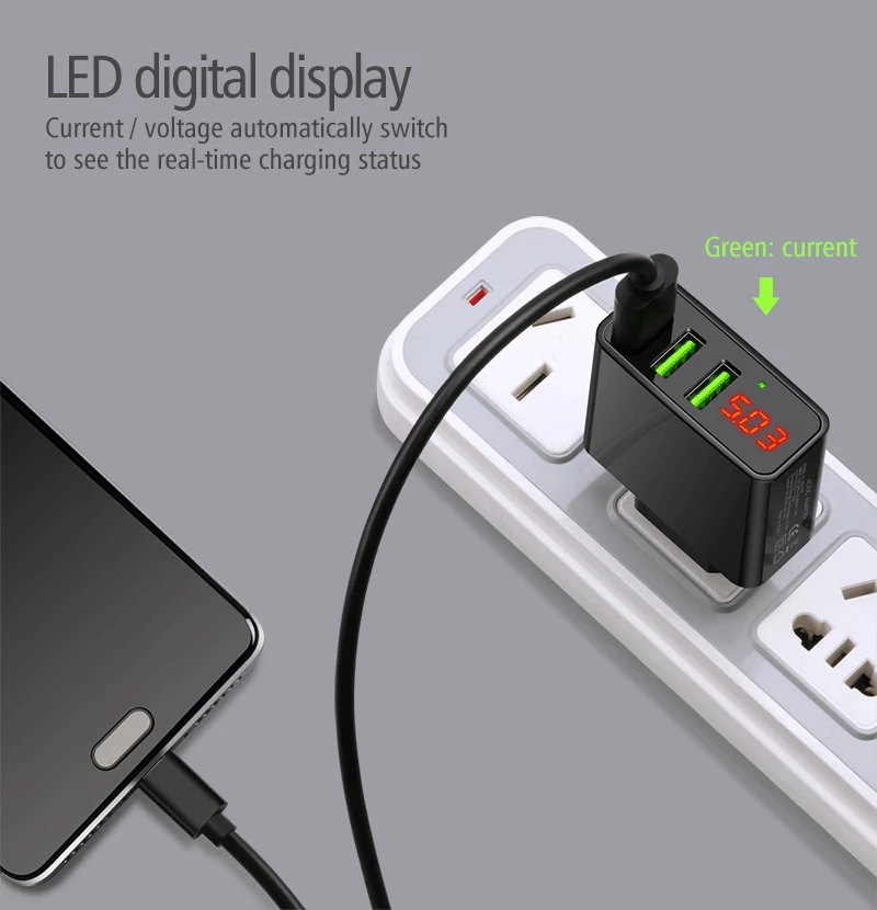 Зарядное устройство для мобильного телефона, USB настенный адаптер питания, светодиодный дисплей, штепсельная вилка европейского стандарта 2.4A, умный адаптер быстрой зарядки для IPhone, samsung, Xiaomi, huawei