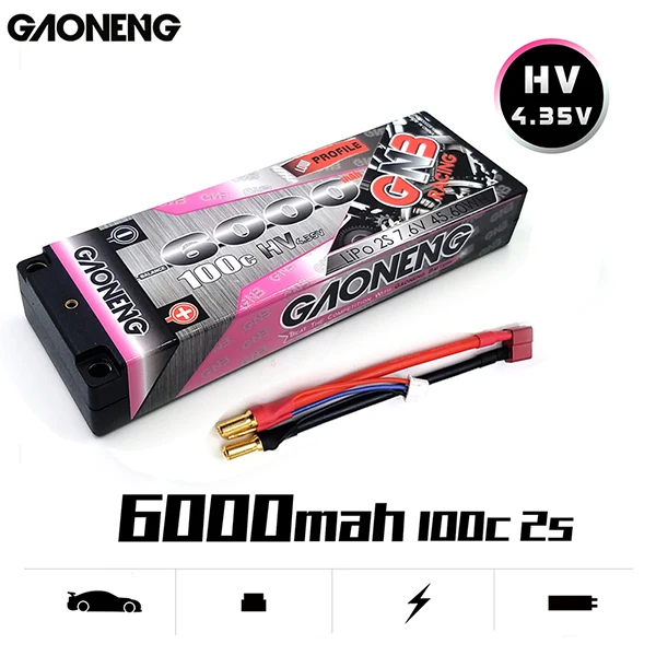 6000mAh 2S 7.6V 100C Gaoneng GNB 6000/8000mAh 100C 2S 7,6 V HV 4,35 V перезаряжаемая Lipo батарея 5,0 мм разъем типа "банан" Т-образный разъем для 1:10 RC автомобилей лодки - Цвет: 6000mAh 2S 7.6V 100C