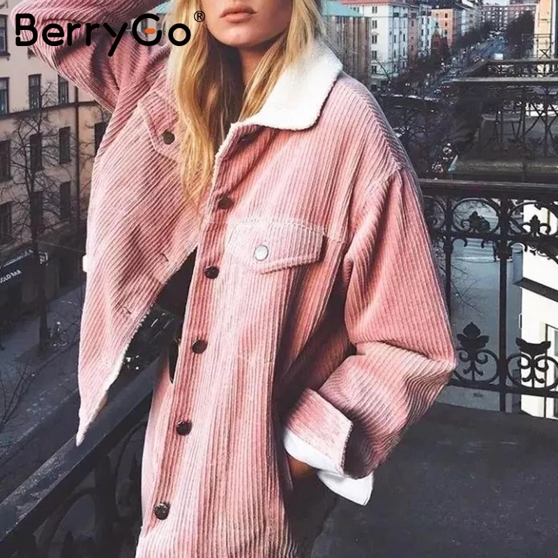 BerryGo Повседневная Вельветовая зимняя куртка пальто женская из овечьей шерсти с
