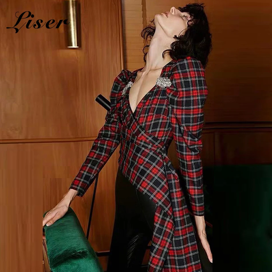 Женский топ в клетку Liser элегантный облегающий Топ винно красного цвета с v