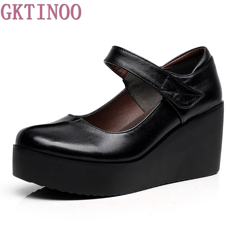 Г., весенние кожаные женские туфли-лодочки черные женские туфли на высоком каблуке на платформе с круглым носком и ремешком на щиколотке