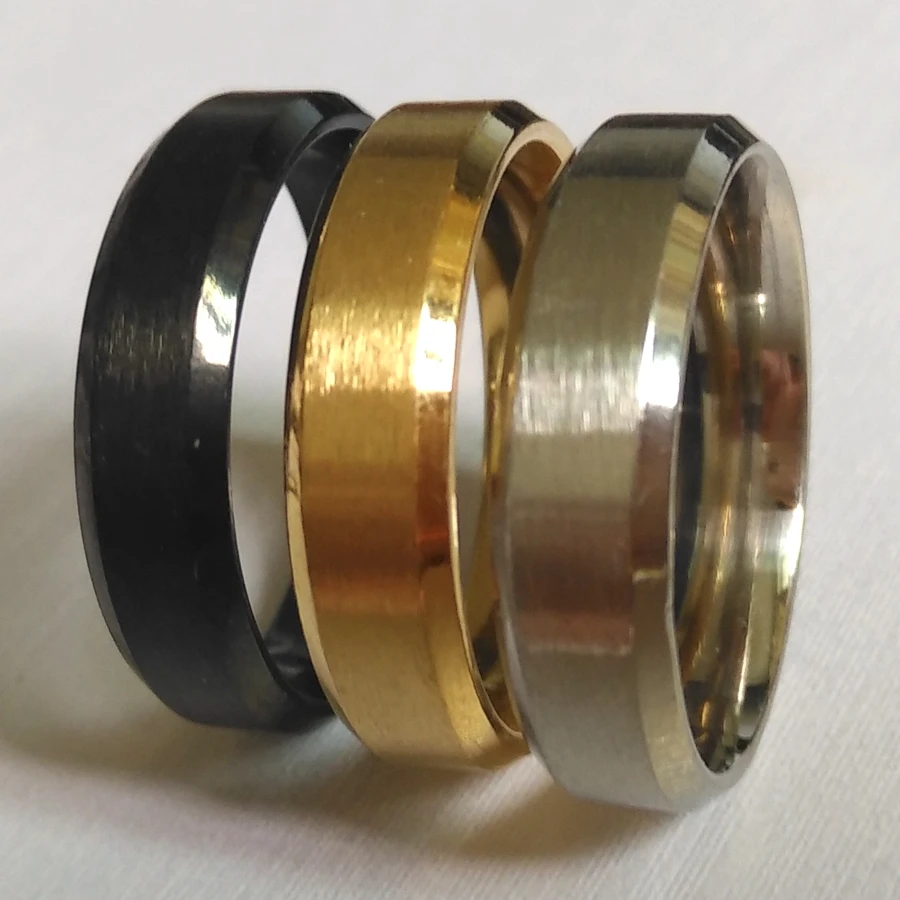 Wholesale 100PCS Bevel edges Classic Color &amp Style 6MM Black/Gold/Silver Stainless Steel Rings High Level Quality Inside Smooth |