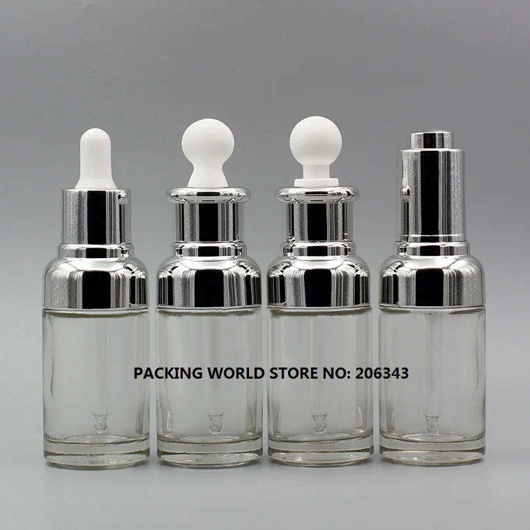 Прозрачная стеклянная бутылка капельница 50 мл серебряные плечи/воротник белая