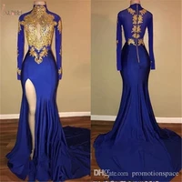 2019 royal blue satin long prom dresses mermaid long sleeve applique high split prom gown gala dress free fast shipping