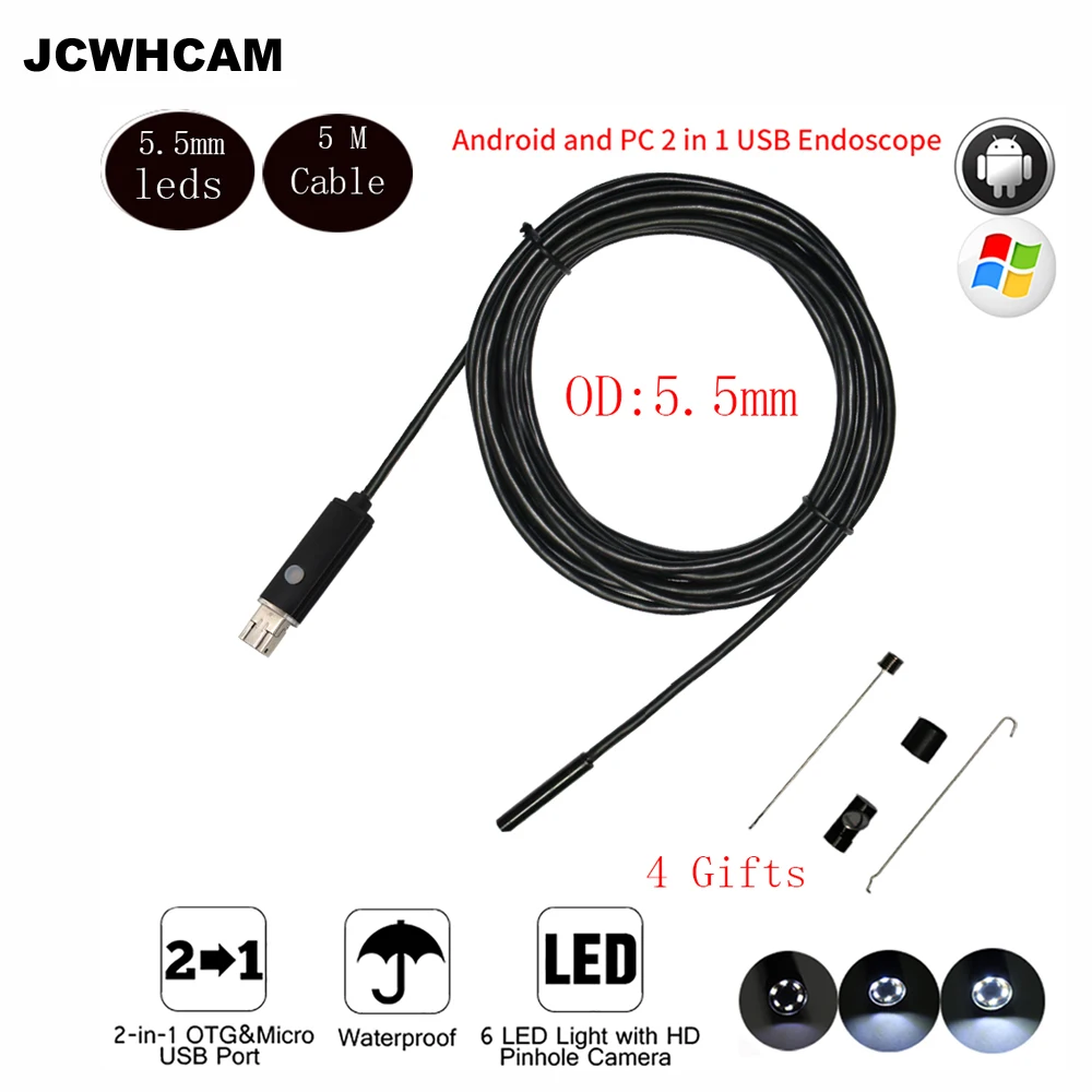 

JCWHCAM 5.5mm Len 5M USB Android Endoscope Waterproof 6 LED Borescope Tube Inspection Video Photo Capture Mini Camera Driver CD