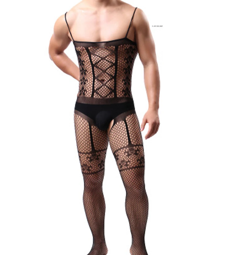 

Men Bodysuit Sexy Gauze Open Crotch Velvet High Elastic Dance Party Bodystockings Male Underwear Body Stocking fishnet bodysuit