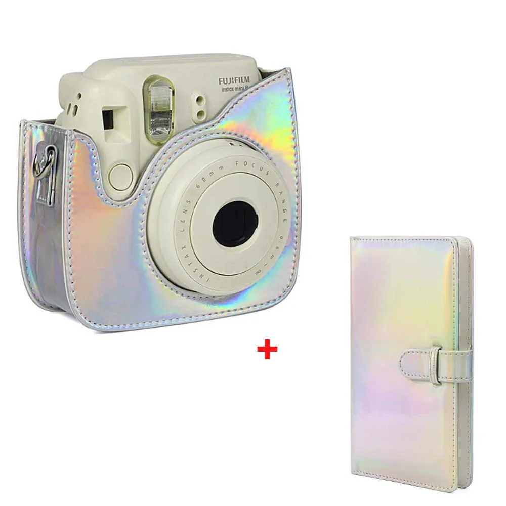 JINSERTA из искусственной кожи чехол сумка для Fujifilm Instax Mini 9 Mini 8 камера голографическая сияющая Лазерная мгновенная камера плечевой ремень - Цвет: silver-set