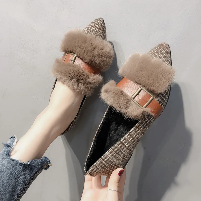 Flats Women Simple Elegant Retro Plaid Pointed Toe Flat with Shoes Outside Womens Winter Soft Plush Ladies All-match 2019 Trendy | Обувь