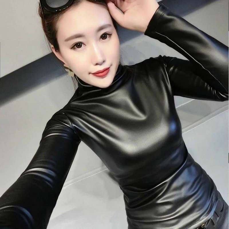 Женские обтягивающие Клубные топы из искусственной кожи с длинными рукавами и