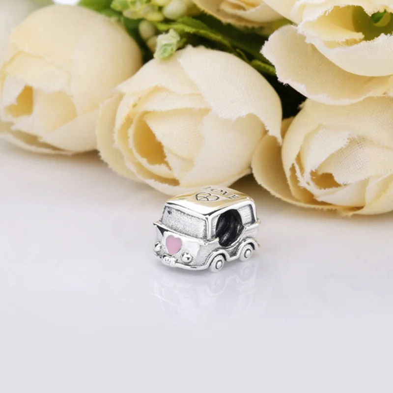 Fit Pandora браслет стерлингового серебра 925 Розовое эмалированное сердце кемпинг автомобиль талисманы клеймо S925 милый автобус бусины подарок ювелирные изделия