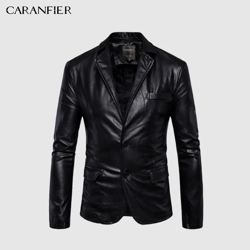 

CARANFIER Mens Blazer Jackets Autumn PU Leather Slim Fit Coats Motorcycle Biker Casual Solid Suit Outerwear Casacos Masculinos