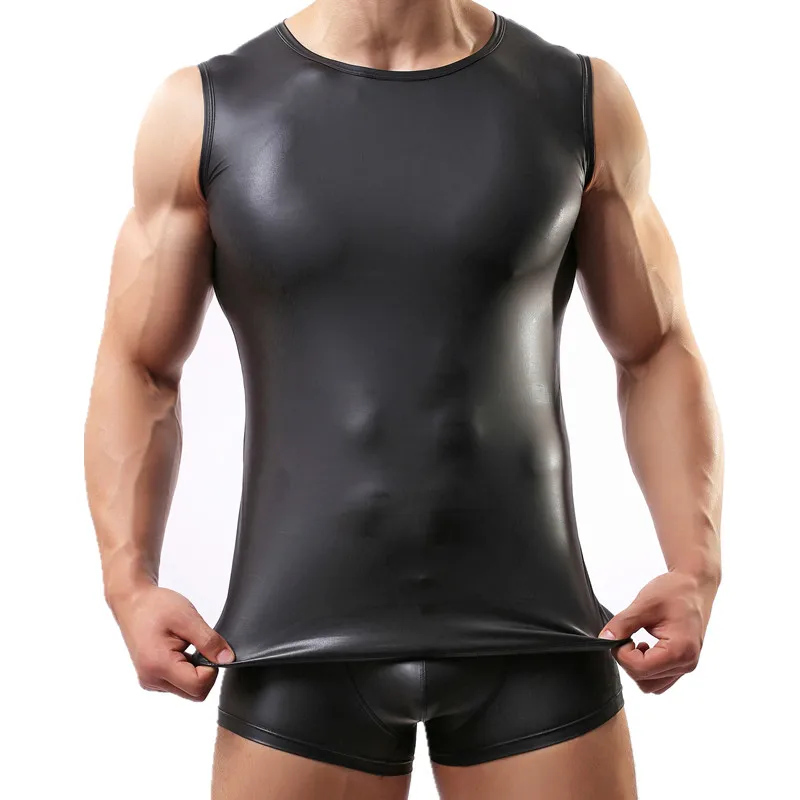 

New Cool Sexy Men's Vest Imitation Leather Man Tank Tops Underwear Set Fashion Men Undershirt Brand Stage Clothing Dropshipping