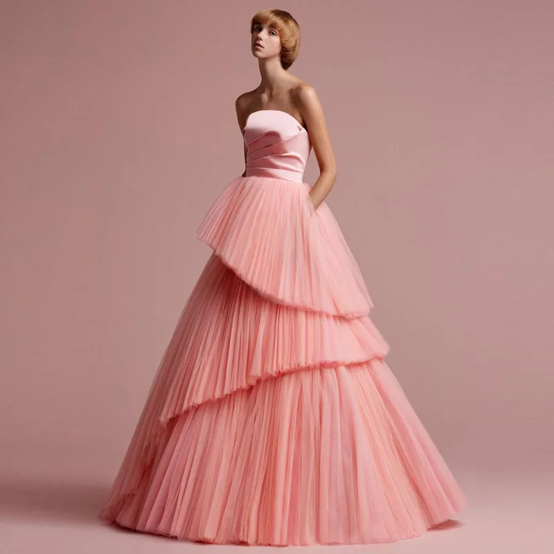 Haute кутюр Vestido de festa Уникальные Розовые Бальные платья без бретелек, Многоярусное Тюлевое модное платье для выпускного вечера шикарная вечерняя одежда - Цвет: Розовый