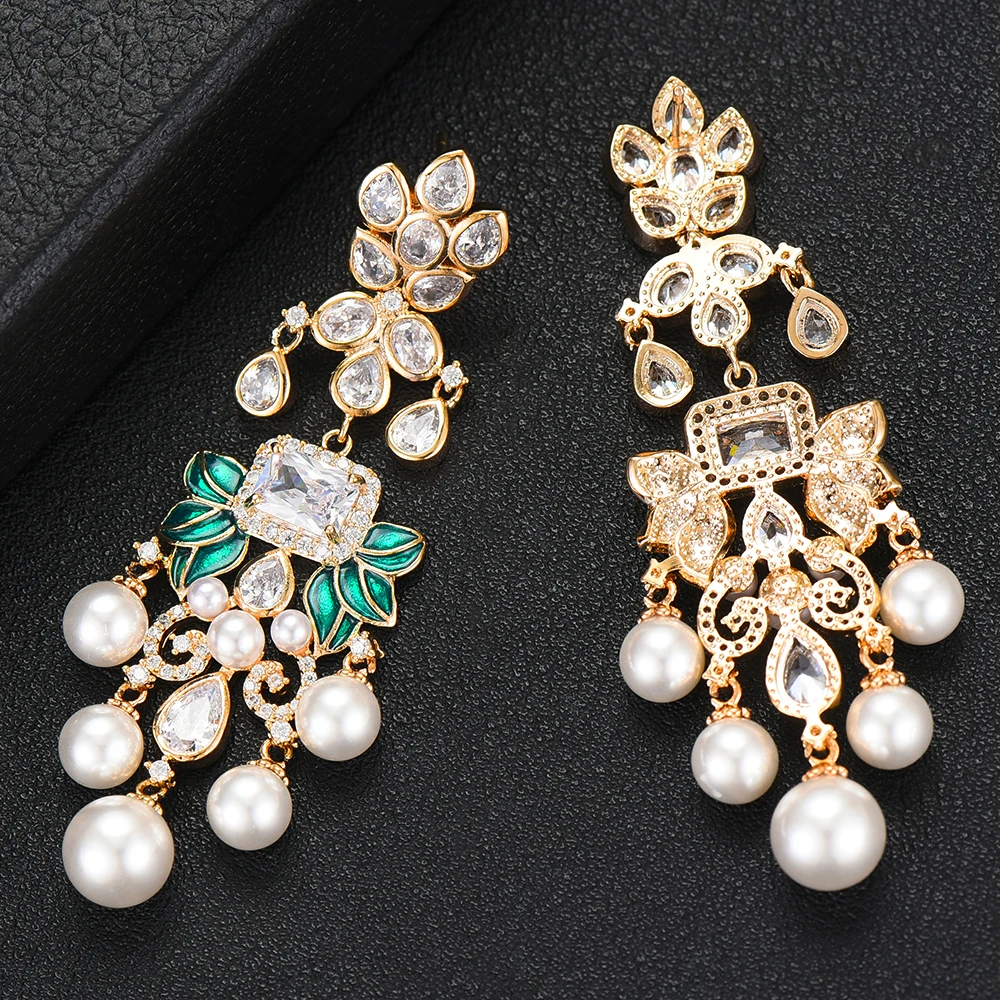 

SisCathy Vintage Geometric CZ Crystal Pearl Earrings Trendy Dubai Wedding Fashion Jewelry Long Drop Dangle Earrings For Women