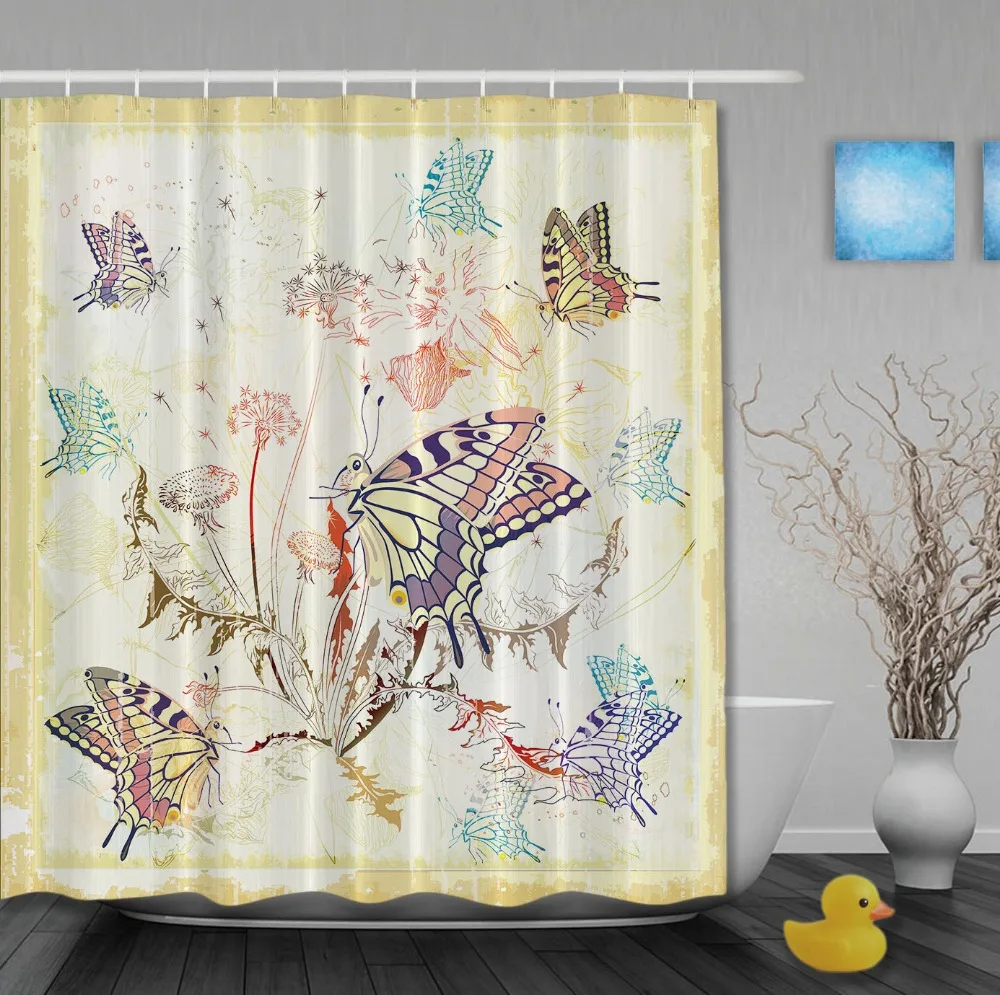 

Spring View Butterflies Dancing Around The Dandelion Waterproof Fabric High Quality Custom Bathroom Curtain With Hooks