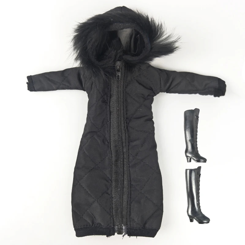 coat and shoes3 Black Winter Wear Long Coat for Barbie Doll Outfits Clothes Dress Parka For 1/6 BJD Doll Jacket 1:6 Dolls Accessories Kids Toy - Цвет: coat and shoes3
