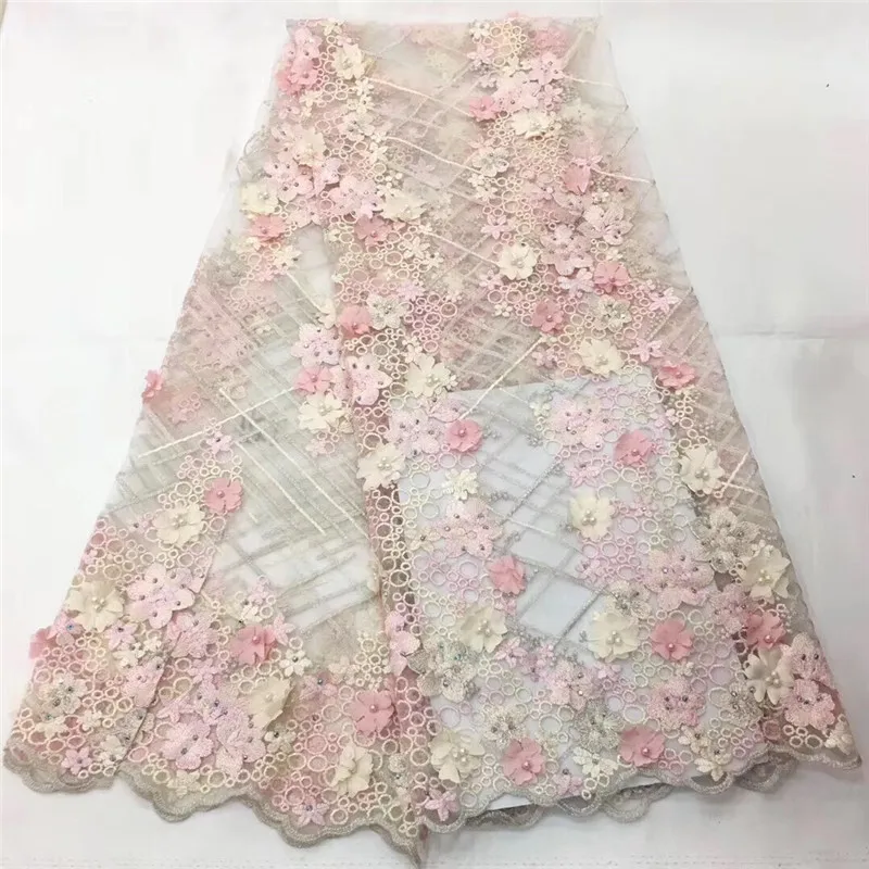 Top Quality Beaded 3D Flower African Net lace fabric 5Yards New Coming Nigerian For Wedding Dress HX1001-2 | Дом и сад